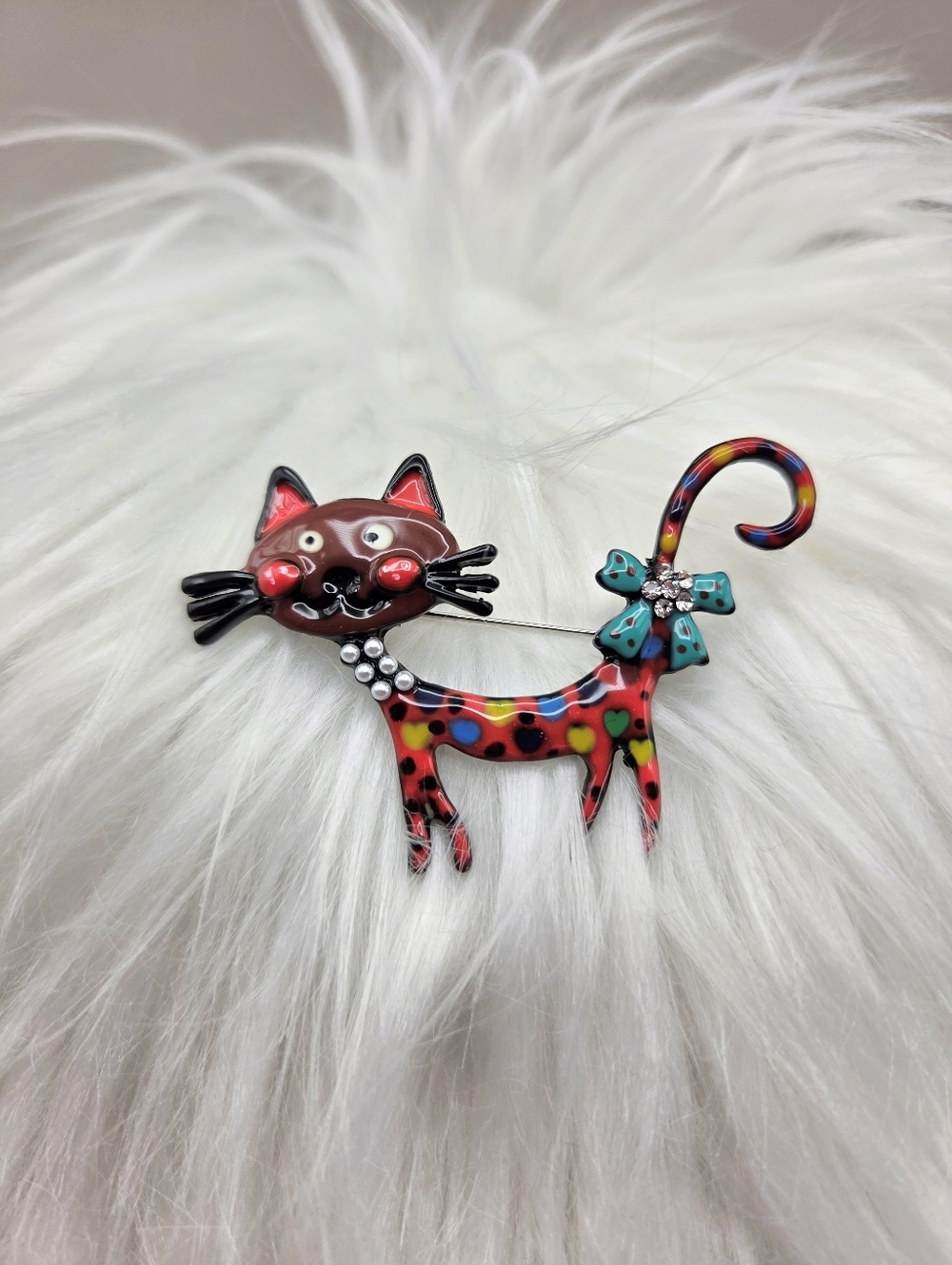 Whimsical Red Cat Brooch with Green Polka-Dot Bow, NWOT